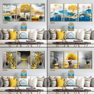 bộ 3 tranh treo tường tone vàng kim tiền phong thủy treo tết