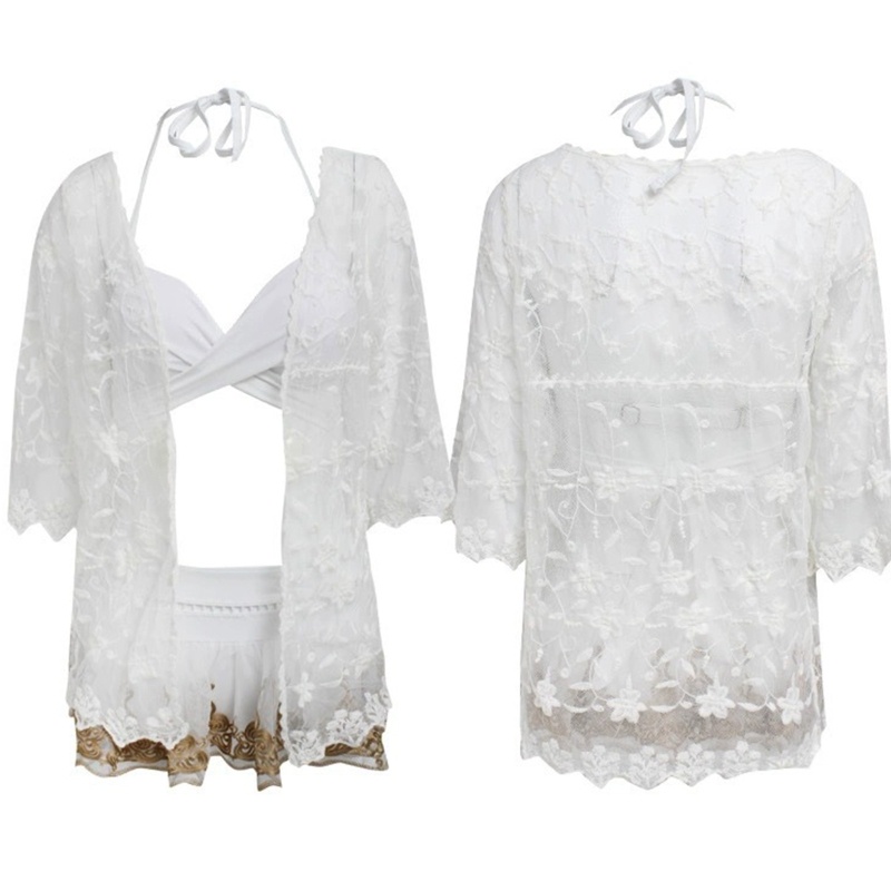 Áo Khoác Ngoài Bikini Tay 3 / 4 Chất Ren Mỏng Nhẹ Thêu Họa Tiết Hoa Thời Trang Quyến Rũ Cho Nữ