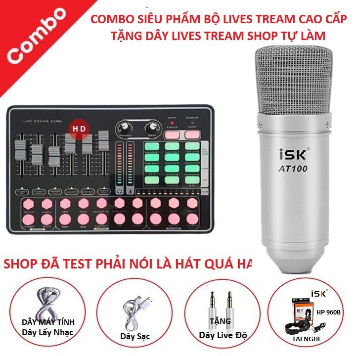 Mic Thu Âm AT100, Soundcard H9 Bluetooth, Tai Nghe HP960B Tặng Dây Lievestream Độ Cực Hay