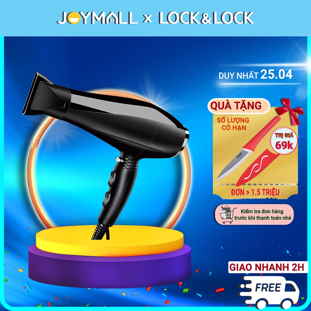 Máy sấy tóc Lock&amp;Lock ENA146BLK 2000W - Hàng chính hãng, sấy nóng lạnh, 3 nút chọn mức nhiệt, công suất lớn- JoyMall