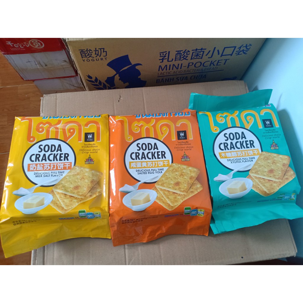 [GÓI 400G] Bánh Quy Soda Cracker Có 3 Vị Xylitol Phô Mai Trứng Muối Giòn Tan - Thái Lan
