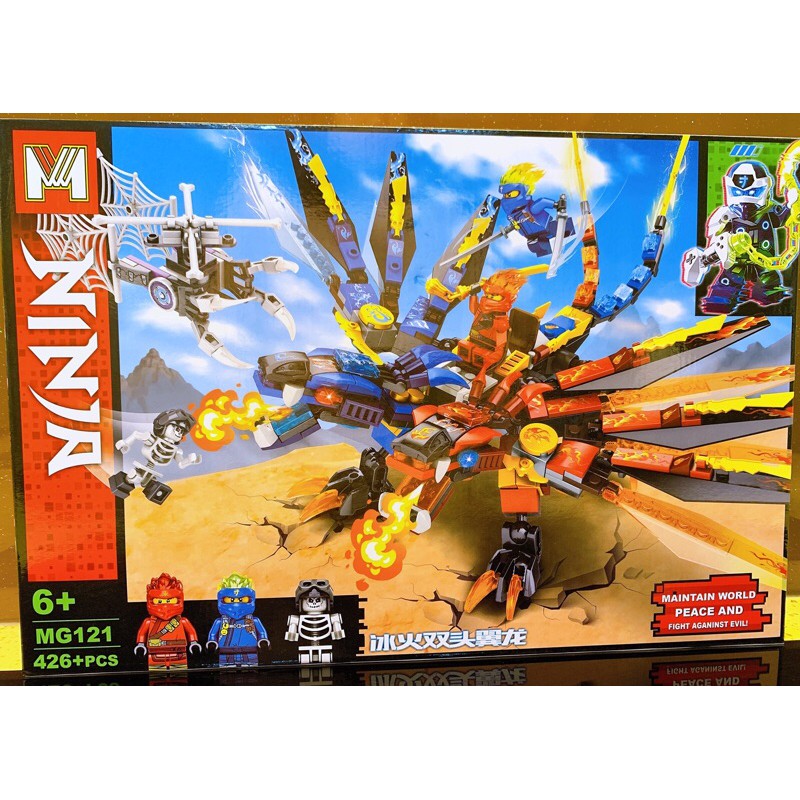 NINJAGO_Lego Ninja MG121 Cưỡi RỒNG 2 ĐẦU XANH DƯƠNG+ ĐỎ (426 mảnh)+ JAY Ninja Sấm Sét + KAI Ninja lửa + FRAKJAW