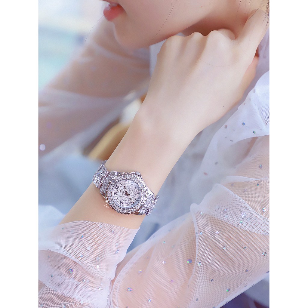 Đồng hồ nữ dây kim loại, đồng hồ đeo tay nữ đính kim cương nhân tạo BEE SISTER siêu sang, cao cấp, không thấm nước