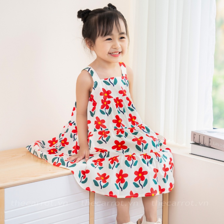 Váy Bé Gái Carrot Hai Dây, Họa Tiết Hoa Đỏ, Chất Liệu Thô Cotton Thấm Hút Mồ Hôi
