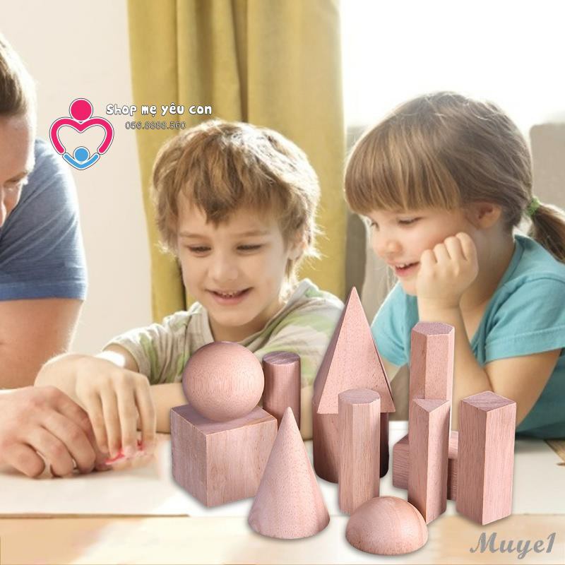 Set 12 Khối Gỗ Hình Học không gian cơ bản - Đồ Chơi Giáo Dục Montessori Cho Bé