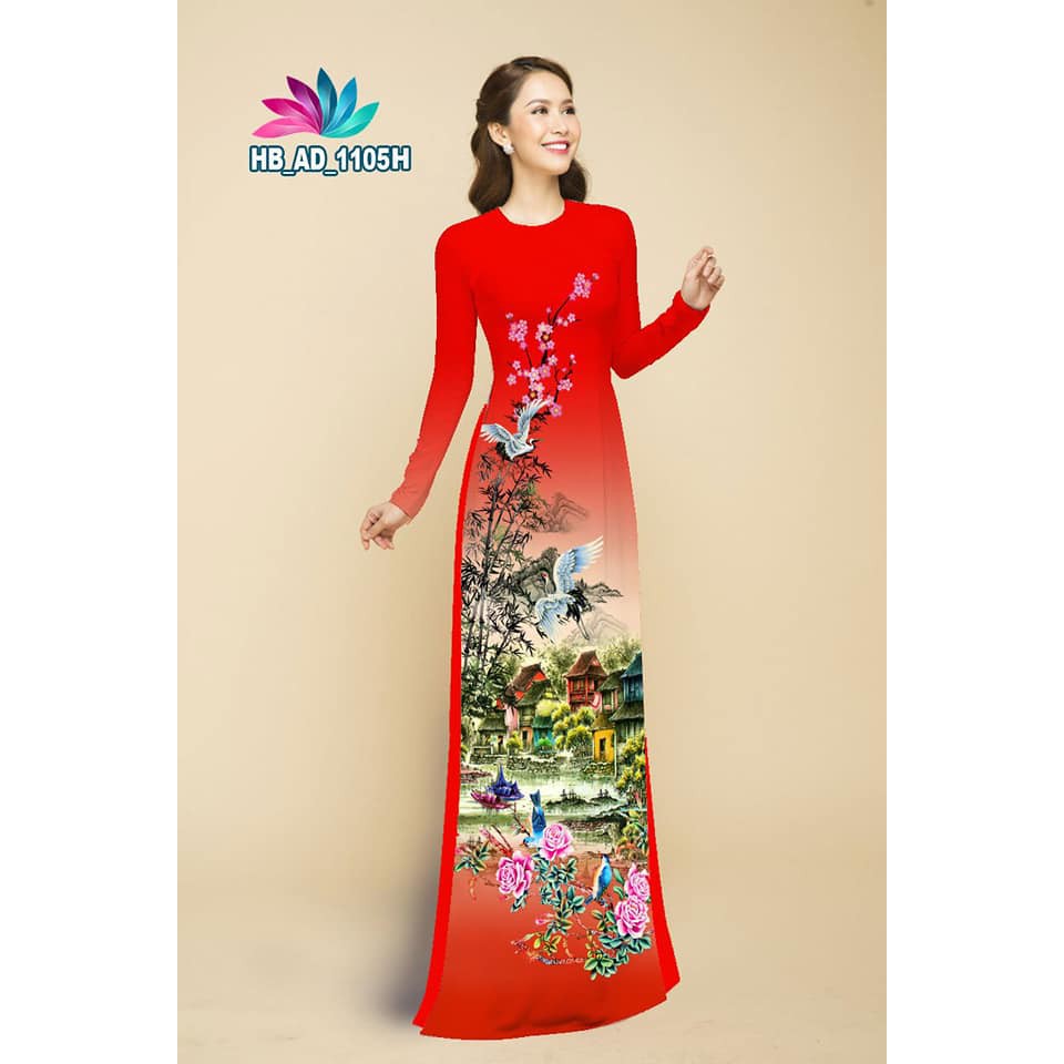 Áo dài nữ màu đỏ hình in 4d