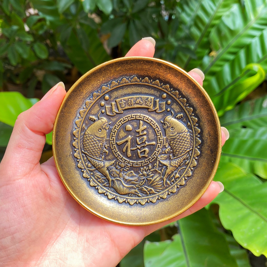 Mâm Đồng Long Phụng - Dĩa Đồng Cá Chép Bình Trà rõ nét, dày dặn - Vật Phẩm Thờ Cúng Phong Thủy