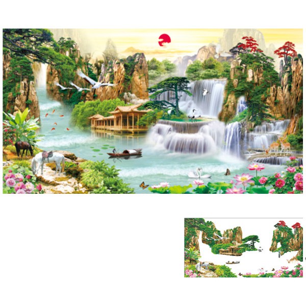 Tranh Đính Đá PHONG CẢNH SƠN THỦY HỮU TÌNH. KT: 1m2 x 59cm - 1m5 x 75cm- 2m x 95cm