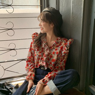 (ORDER) Áo sơ mi hoa nhí voan nữ cổ/vai phối bèo cổ V style Hàn Quốc tiểu thư New