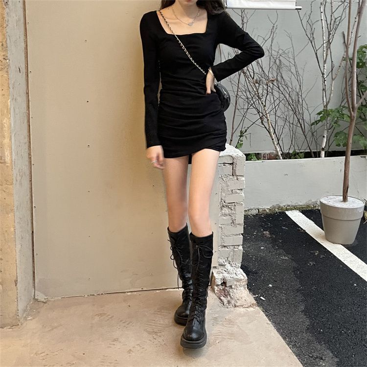 Đầm Ngắn Cổ Vuông Tay Dài Dáng Ôm Màu Đen Phong Cách Pháp Thời Trang Mùa Thu 2022