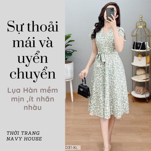 Đầm hoa xoè Navy cổ V thắt dây eo, trang phục đi dạo, đầm dạo phố