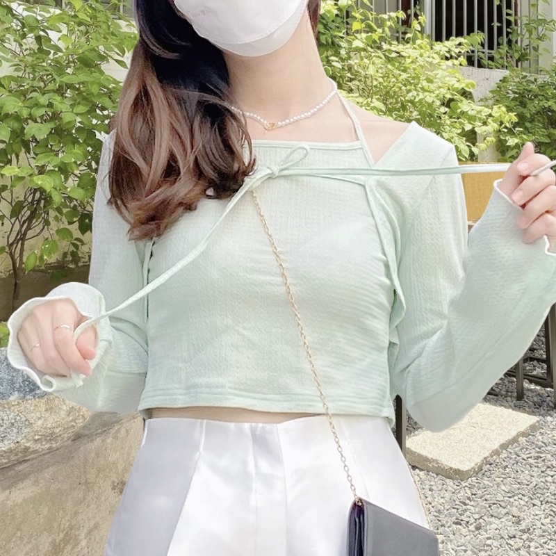 Set áo yếm cột cổ và khoác nữ xanh mint