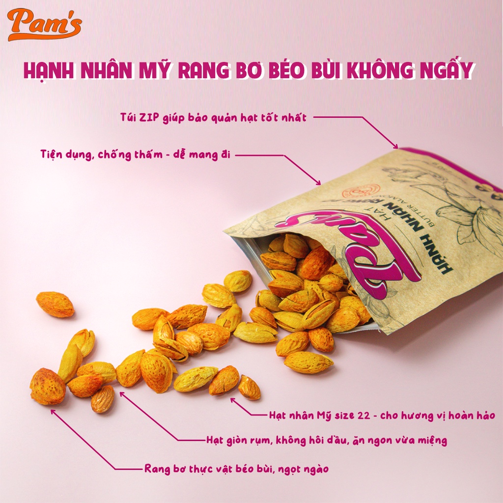 Hạnh Nhân Rang Bơ Pams (250g) - Hạt Nhập Khẩu Mỹ Rang Bơ Không Cholesterol, Dùng Ăn Khiêng