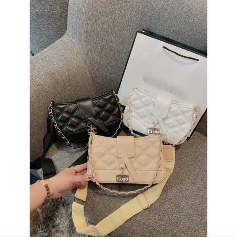 Túi đeo chéo, đeo vai nữ trần ô trám kèm dây xích siêu xinh