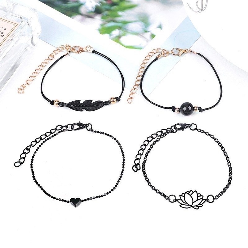 Set 4 Vòng Tay Bện Dây Hình Hoa Sen/Lá Sen/Lá Sen Màu Đen Phong Cách Bohemian Vintage Có Thể Điều Chỉnh Cho Nữ