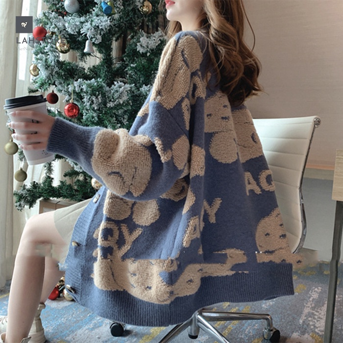 Áo len cardigan nữ form rộng in hình gấu LAHSTORE, chất liệu dày dặn, phong cách Hàn Quốc