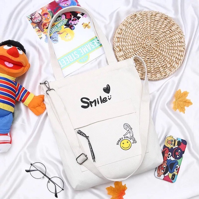 [ TRỢ GIÁ ] Túi ToTe đeo chéo và đeo vai thời trang kiểu mới chữ HAPPY SMILE of KITI SHOP 01 HOT có khóa kéo vừa A4