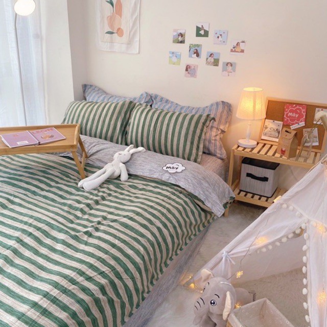 Bộ chăn ga gối Cotton Poly hoạ tiết kẻ 4 màu cam xanh lá xanh dương nâu MÂY BEDDING đủ kích thước nệm
