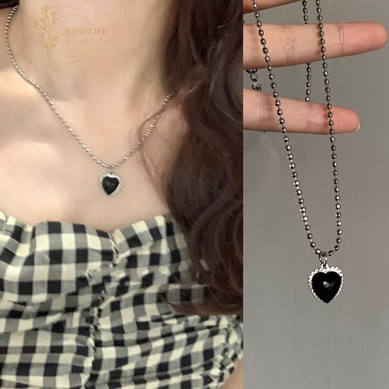Roselife Vòng Cổ Chuỗi Hạt Màu Đen Mặt Trái Tim Phong Cách Cổ Điển Phù Hợp Với Tất Cả Nữ Trang Nữ