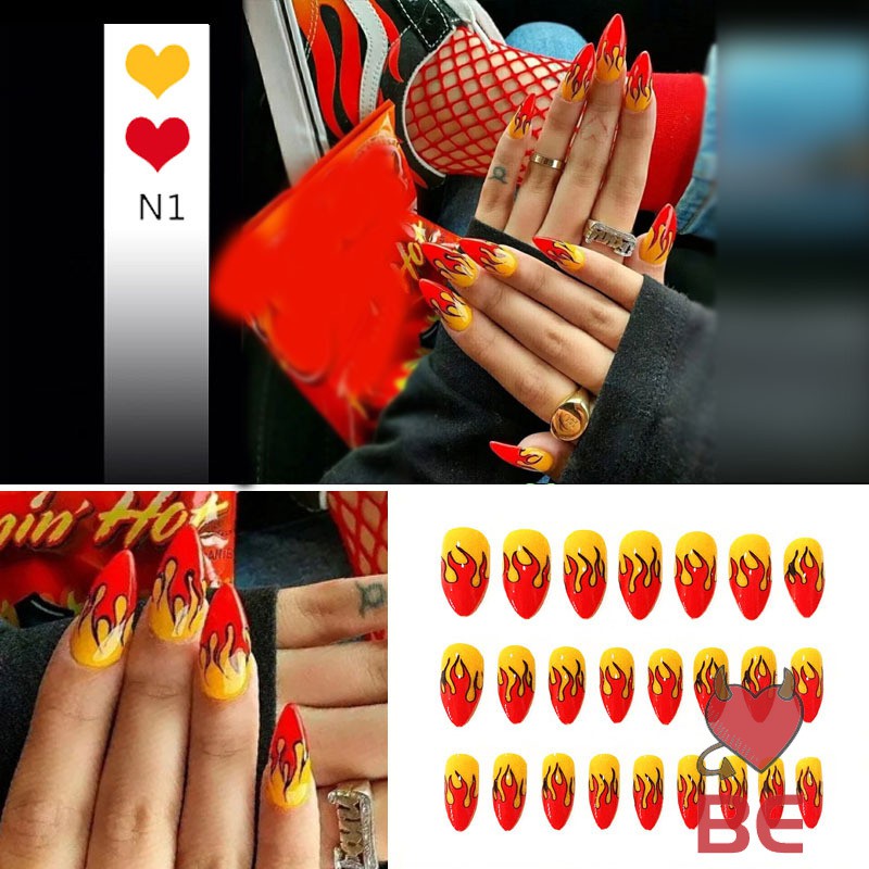 Set 24 móng tay giả họa tiết ngọn lửa cá tính chống thấm nước dễ tháo | BigBuy360 - bigbuy360.vn