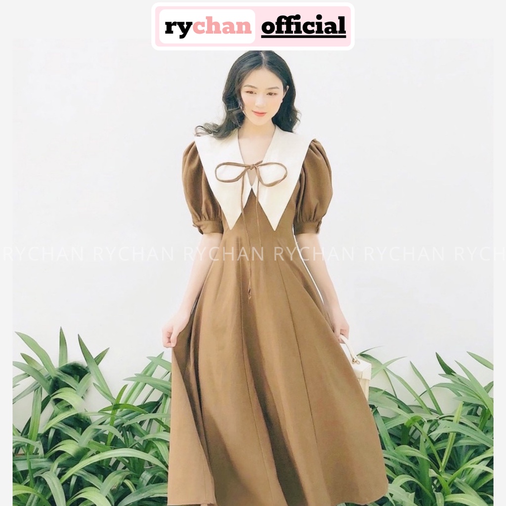Đầm Váy Nữ Dự Tiệc Cưới Nơ Cổ Phối Trắng Form Dài Tay Bồng Ngắn Phong Cách Quý Cô Sang Chảnh 2 Màu Nude Nâu - DX9711