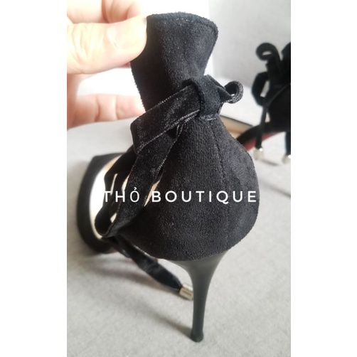 Giày cao gót chính hãng XYFF da lộn đen dây thắt chéo cổ chân 10cm size 36-37