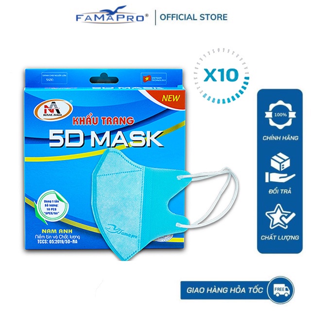 [COMBO 10  HỘP 5D MASK QUAI THUN]  khẩu trang y tế kháng khuẩn 3 lớp Famapro 5D Mask hộp 10 cái