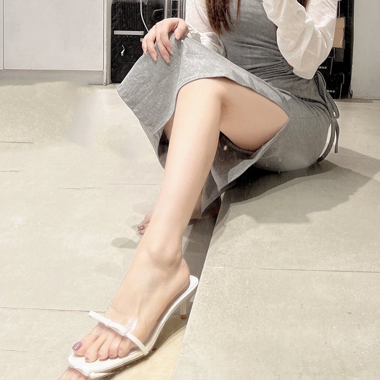 Dép Sandal Cao Gót Trong Suốt Mũi Vuông Thắt Nơ Thời Trang Mùa Hè Cho Nữ