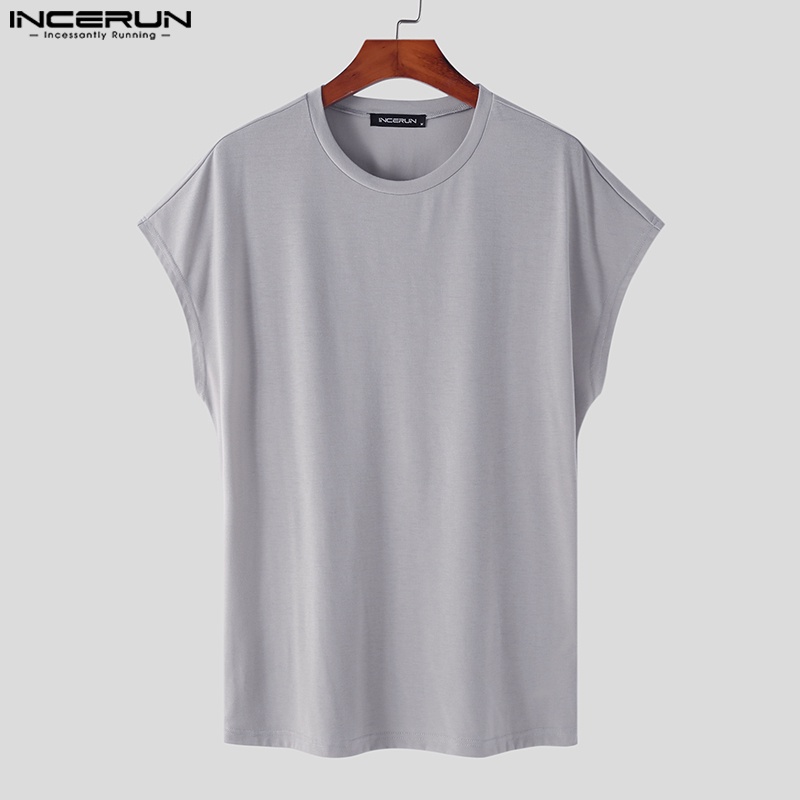 Áo thun INCERUN màu trơn cổ tròn dáng rộng đơn giản thời trang nam