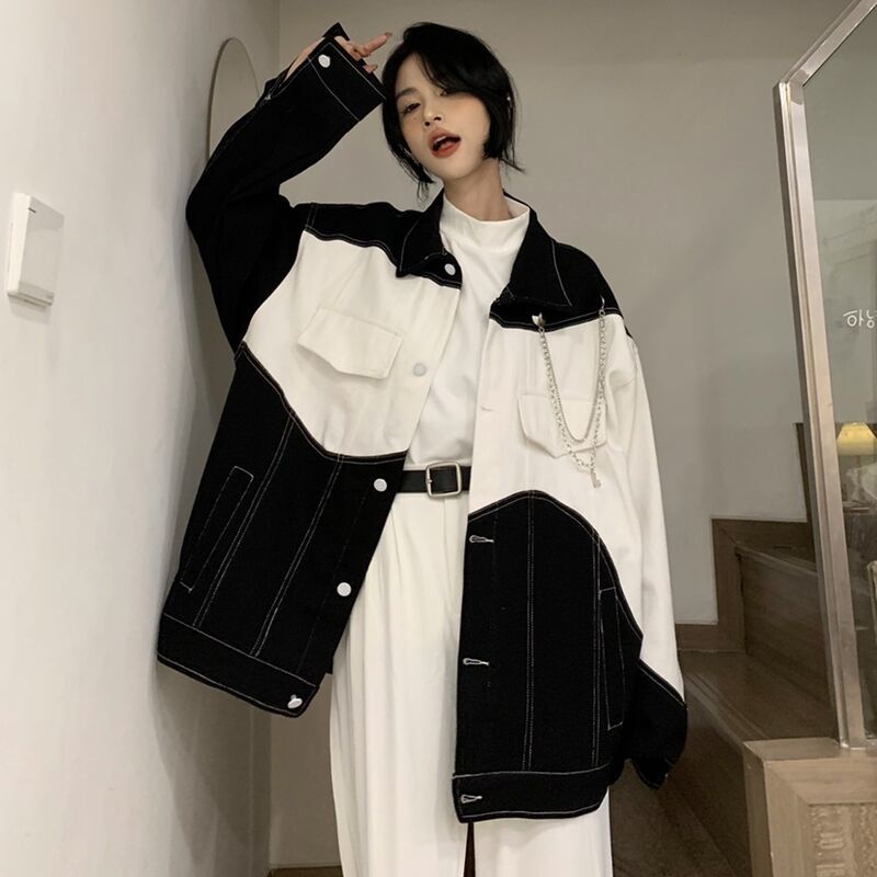 Áo Khoác Denim Chống Nắng Dáng Rộng Màu Trắng Đen Phong Cách Harajuku Mùa Xuân Hè Cho Nữ