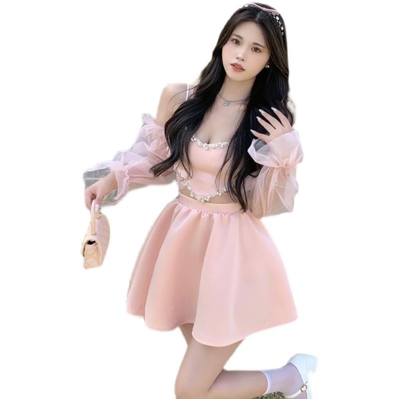 Bán Chạy Bộ Đồ Công Chúa Pettiskirt Hai Dây Khảm Đá Kim Cương Tinh Khiết Hình Trái Tim Phối Lưới May Tỉ Mắn + Eo Cao