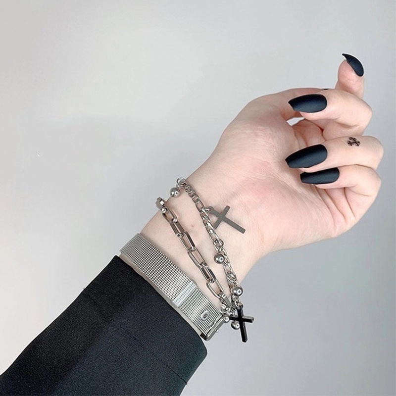 Vòng đeo tay nhiều lớp mặt hình thánh giá phong cách hip hop cá tính