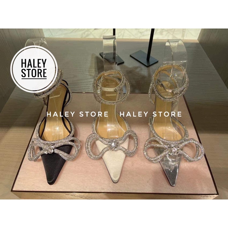Giày sandal 9cm HALEY STORE bít mũi da lụa đính nơ xoàn đá phale quai trong suốt lấp lánh đi tiệc cô dâu ngày cưới đẹp