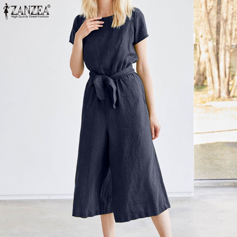 Áo liền quần ZANZEA ống rộng màu trơn có túi phong cách Châu Âu cho nữ