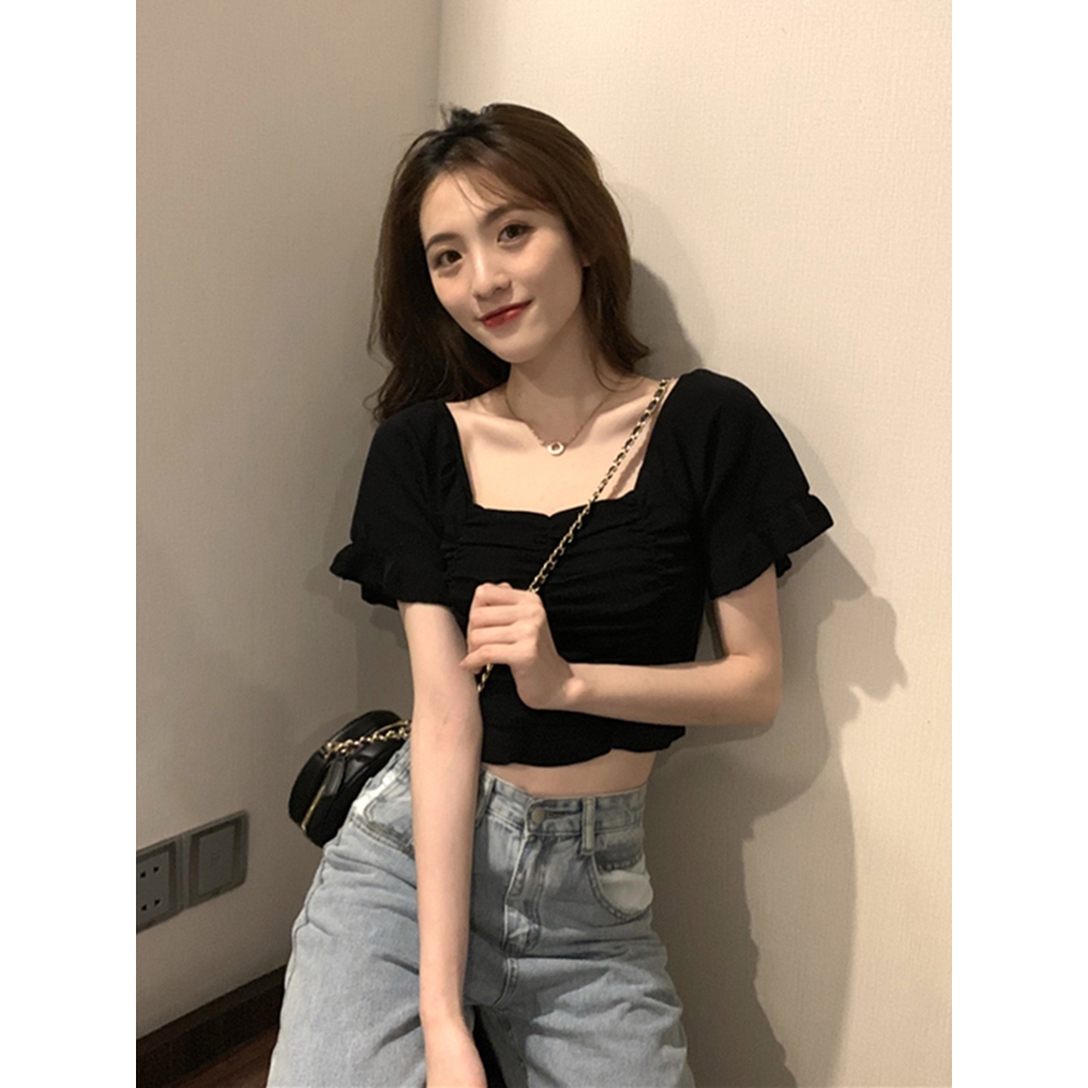 (Sẵn vàng trắng)Áo croptop ôm body nữ tay ngắn 2021, áo kiểu nữ đẹp màu trắng, đen, vàng cổ vuông sang chảnh | BigBuy360 - bigbuy360.vn