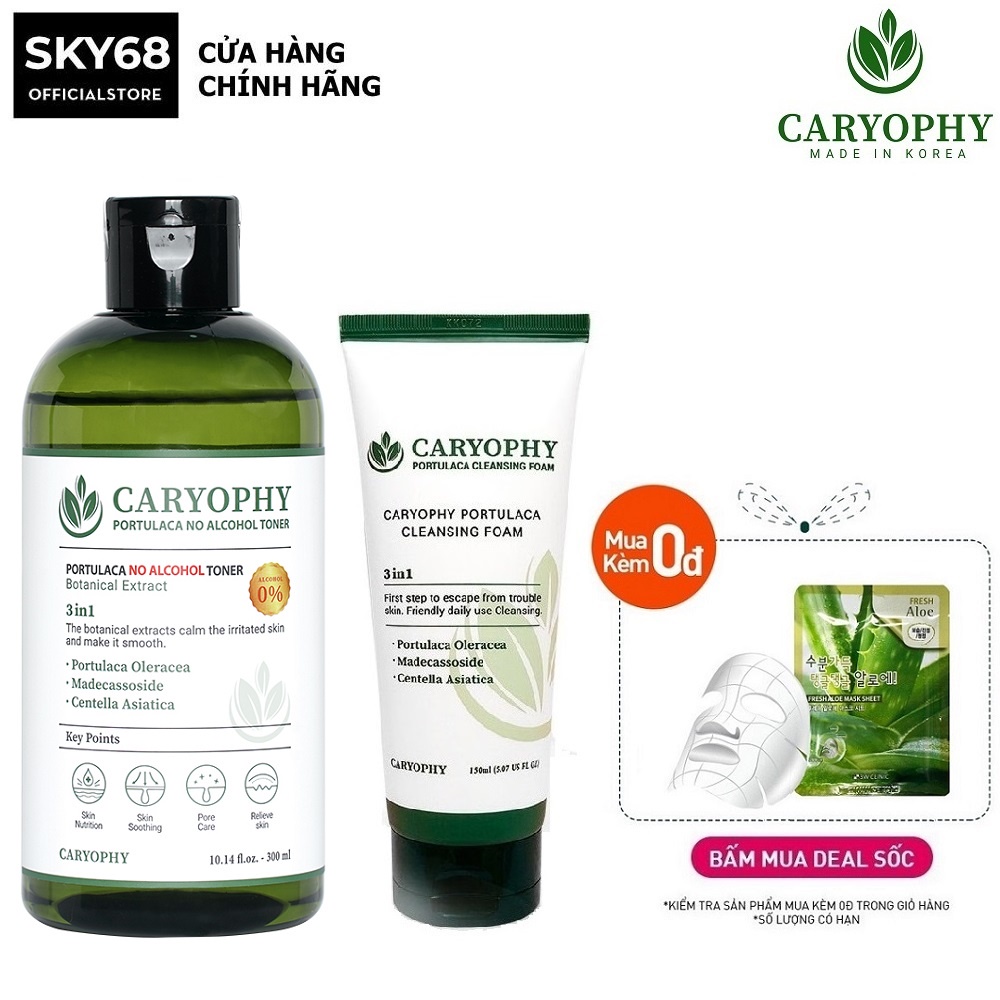 Combo giảm mụn thâm chiết xuất từ rau má Caryophy Portulaca ( Toner 300ml +  Sữa rửa mặt 150ml )