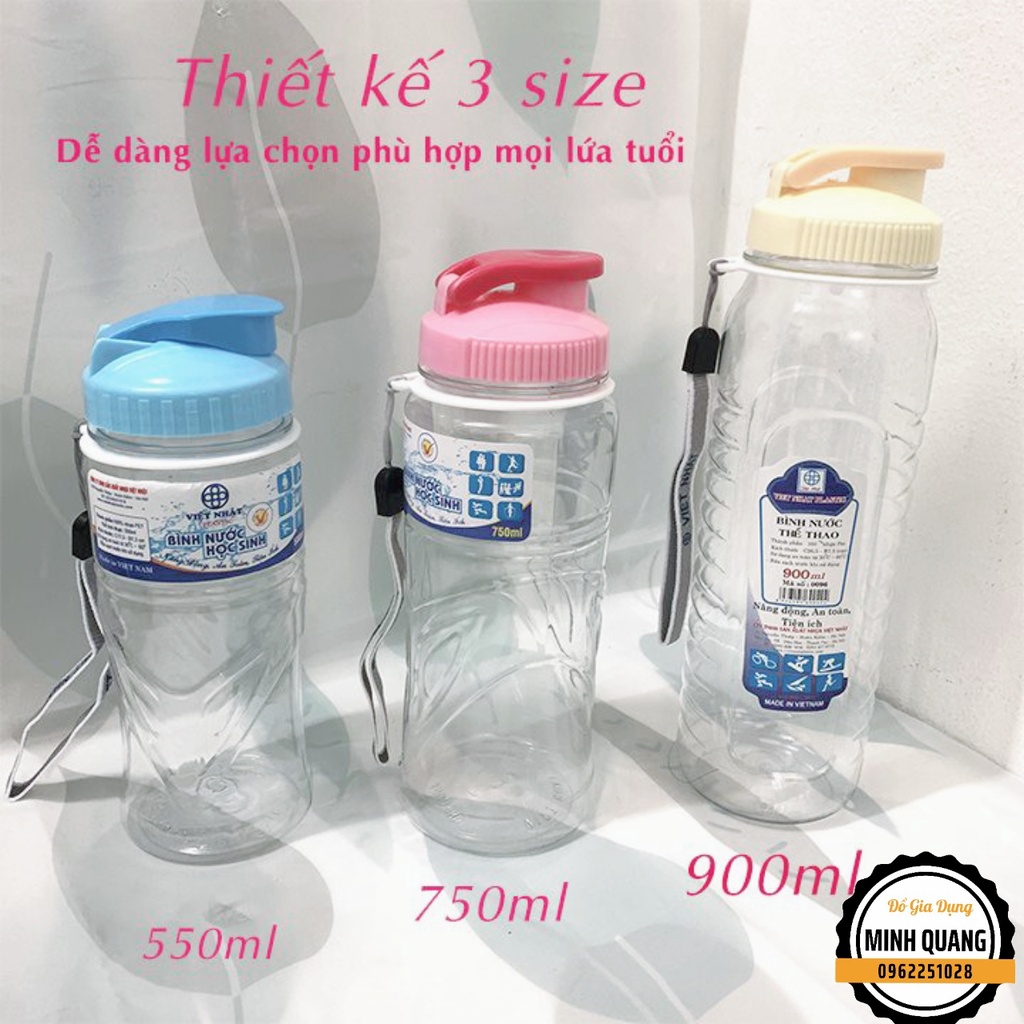 Bình Nước Học Sinh, Bình Nước Thể Thao 500ml,750ml,900ml Nhựa Việt Nhật Cao Cấp Có Quai Dù Treo