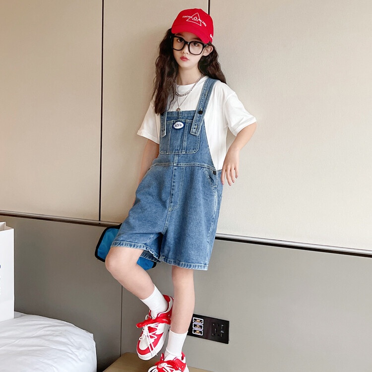 Set Áo Thun Ngắn Tay Và Quần Yếm Denim Thời Trang Cho Bé Gái 5-6 tuổi 6-7 tuổi 7-8 tuổi 8-9 tuổi 9-10 tuổi 10-11 tuổi 11-12 tuổi 12-13 tuổi 13-14 tuổi 15-16 tuổi
