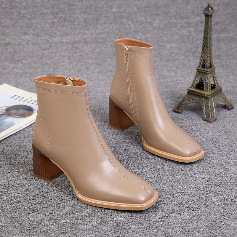 Giày bốt nữ 1016 cao cổ khóa cạnh có 2 màu đen &amp; kem da cao cấp gót vạt 7 cm thời trang ulzzang hàn quốc đẹp hot 2021