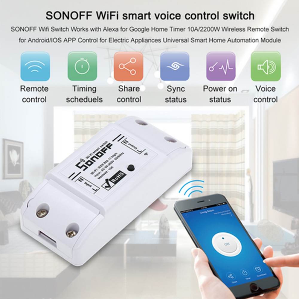 Công tắc thông minh Sonoff Basic QUỐC TẾ điều khiển từ xa qua WiFi 3G 4G hỗ trợ Alexa, Google home, Apple Homekit, HASS