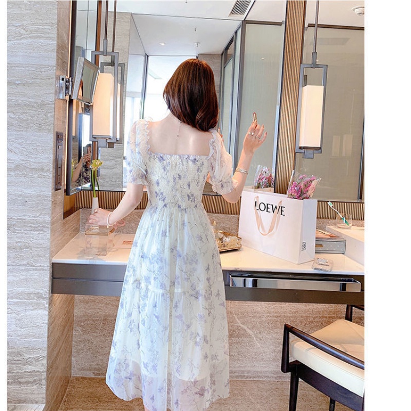 Đầm dài IELGY cổ vuông tay phồng in họa tiết hoa thời trang mùa hè dành cho nữ