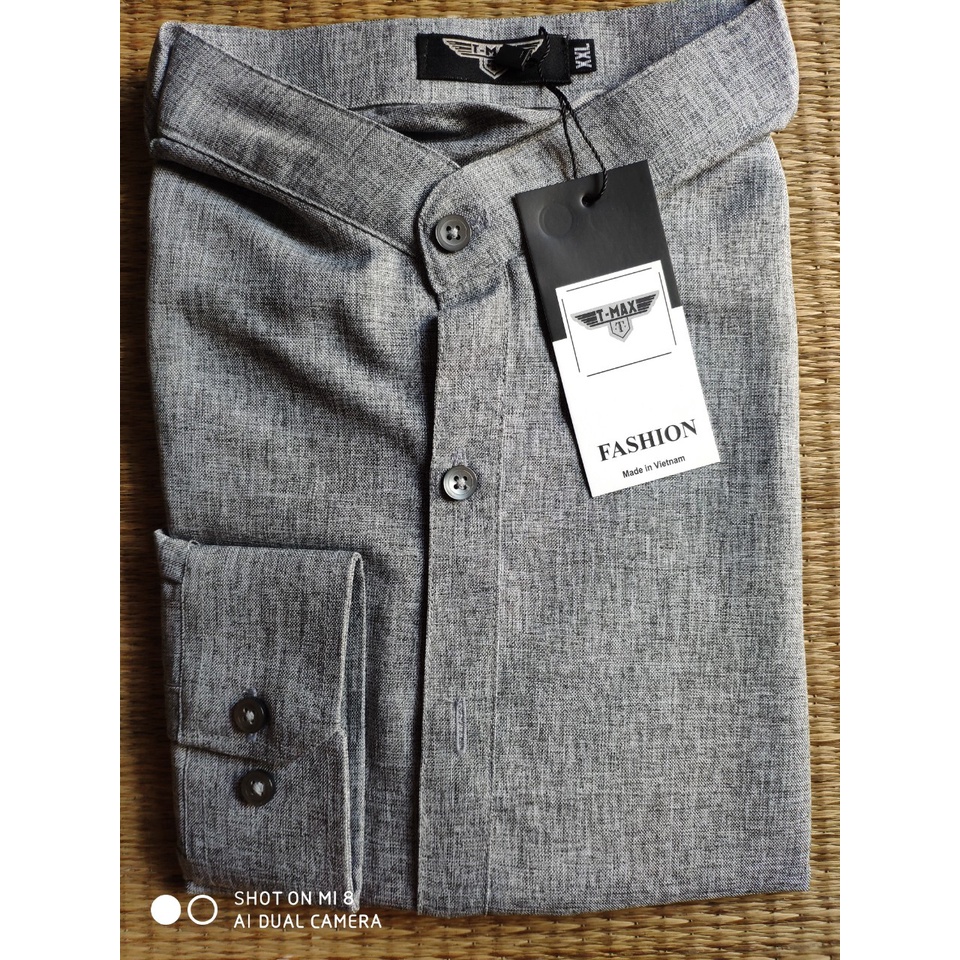 Áo sơ mi nam đũi - áo đũi nam cổ tàu màu xám tiêu dáng ôm body