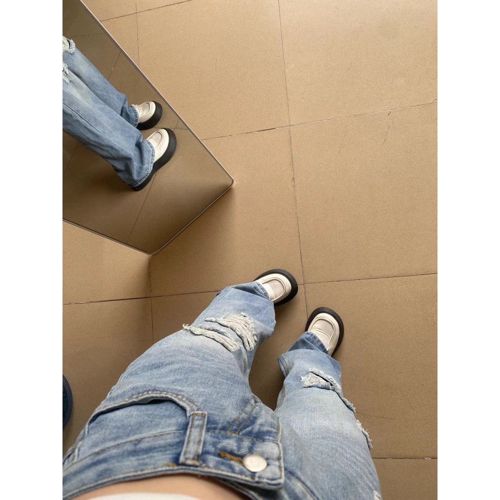 Jiashucheng Quần Jean Rách Lưng Cao Ống Rộng Dáng Suông Phong Cách Retro Mùa Hè Mới Cho Nữ