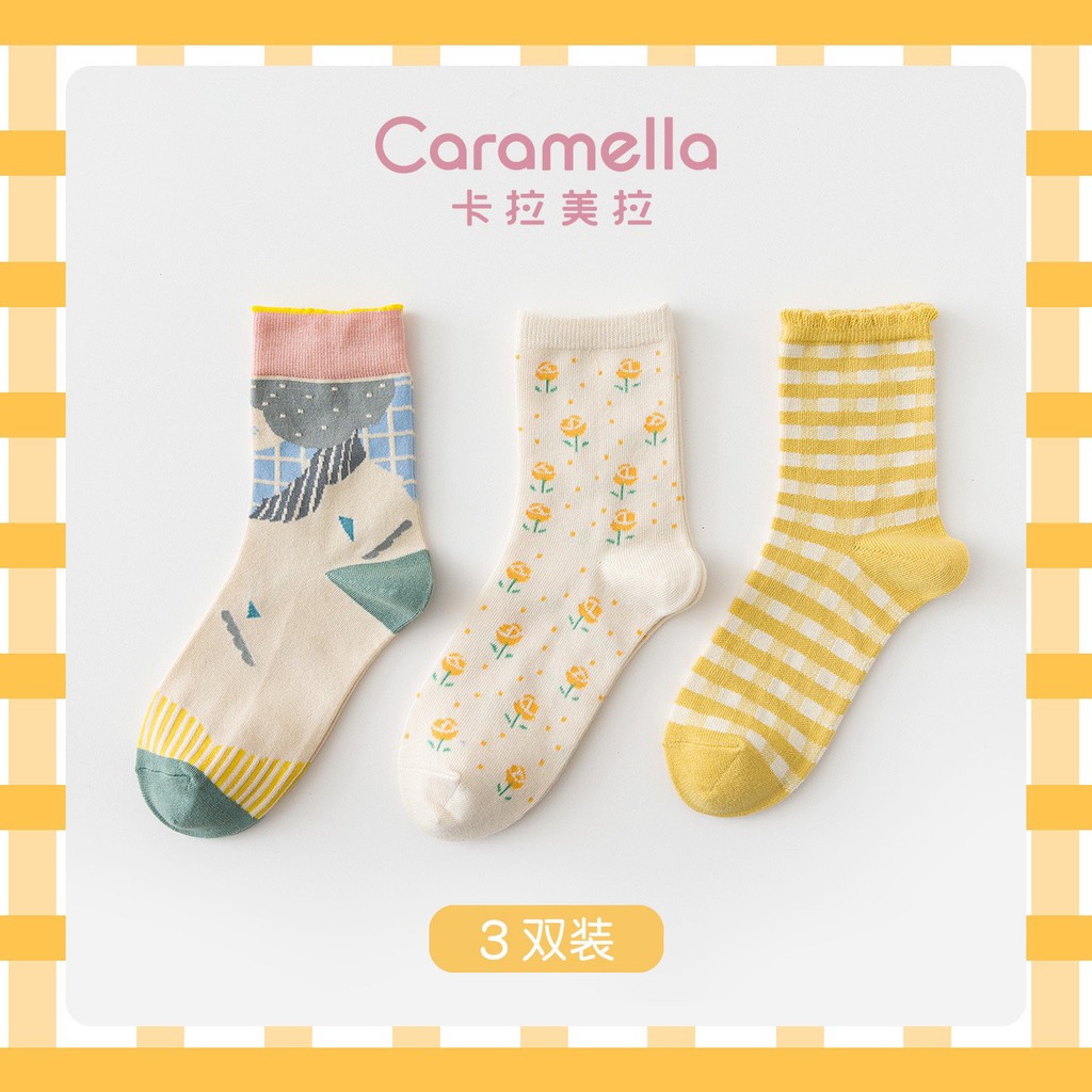 Set 3 đôi tất nữ caro vàng cổ bèo cực đẹp TN112