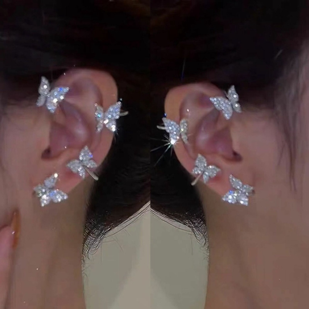 Khuyên Kẹp Vành Tai Hình Bướm Bằng Kim Loại Đính Đá Zircon Lấp Lánh Thời Trang Pháp