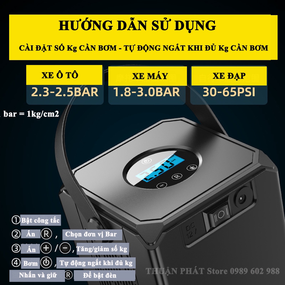 Bơm lốp ô tô 12v - Bơm ô tô 12v công suất 120w 2 in 1,tích hợp pin 6000 mAh,tự động ngắt,đèn LED chiếu sáng