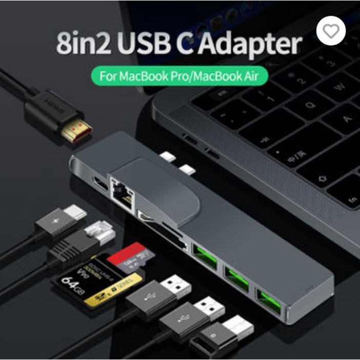 Hub usb Type-c ra 8 cổng HDMI, Ethernet, Usb, TF, SD, Type-c cho Macbook M1