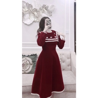 Vn560 - váy nhung đỏ cổ viền ren vuông nơ trắng nhỏ