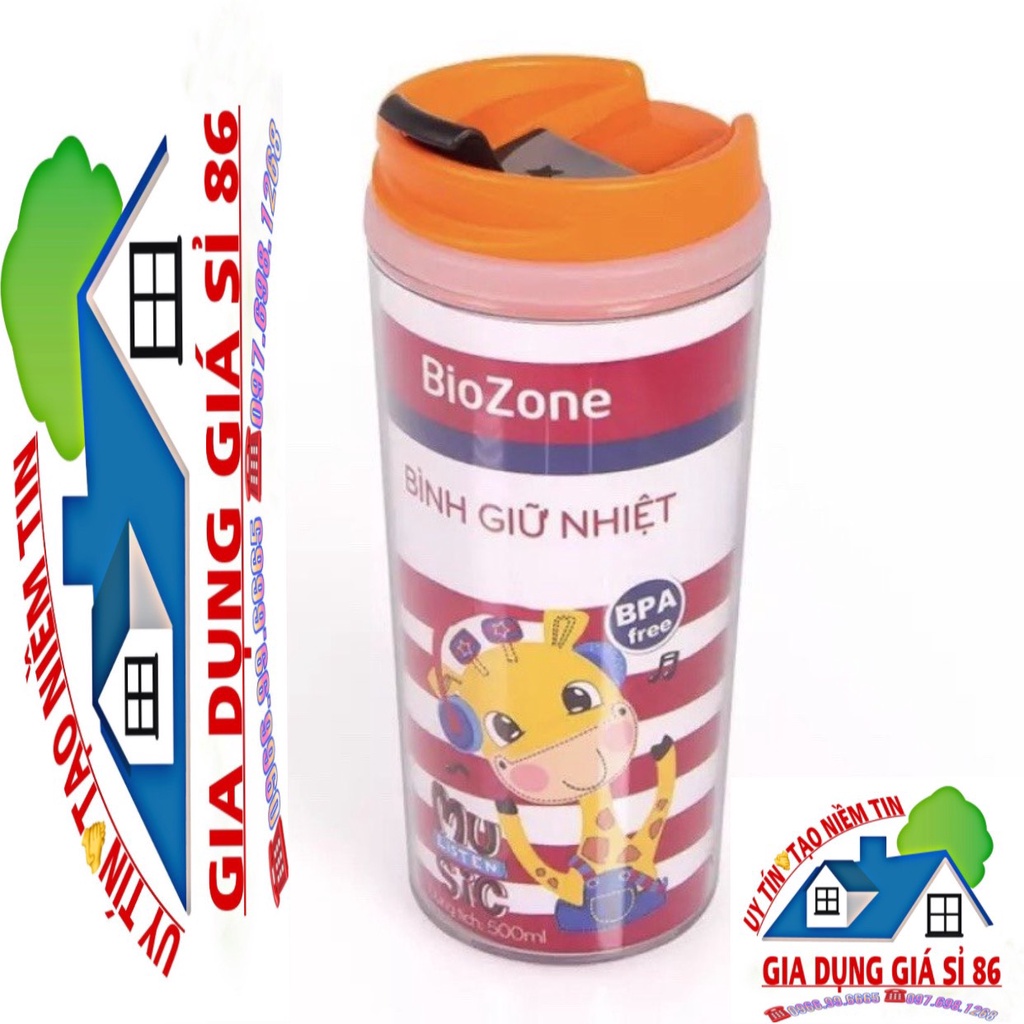Ly cách nhiệt nhựa 500 ml Biozone SUNHOUSE nắp màu cam- hàng chính hãng