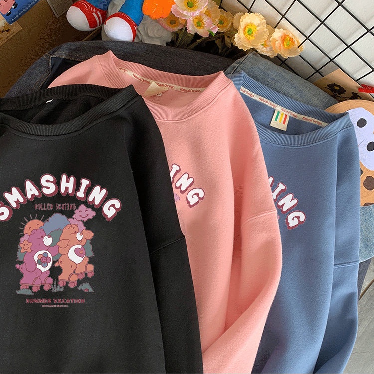 Áo hoodie cổ tròn vải lông cừu dày phong cách đường phố hip hop mới mùa thu đông 2021 cho nữ